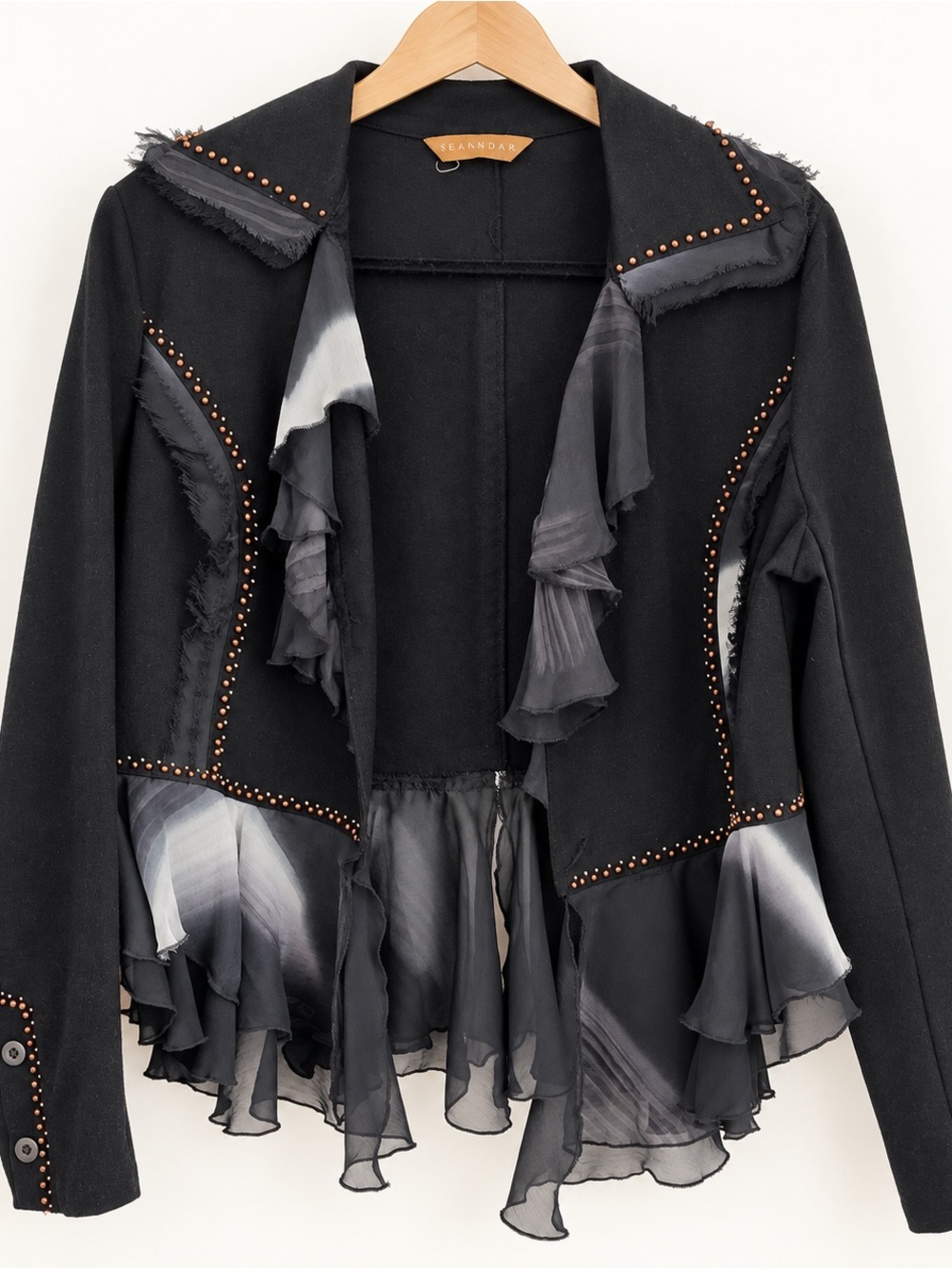 Seandar Black Asymmetrical Ruffled Open Front Jacket Size M